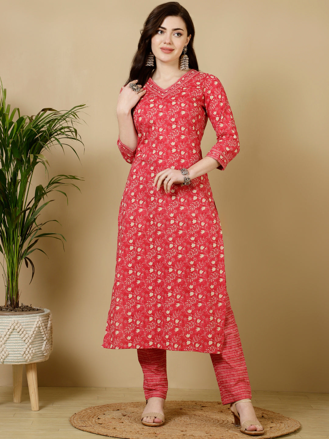 Calf Length Straight 3/4 Sleeves V Kurta Bottom Set (Preorder)