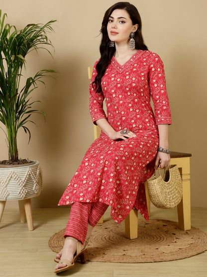 Calf Length Straight 3/4 Sleeves V Kurta Bottom Set (Preorder)
