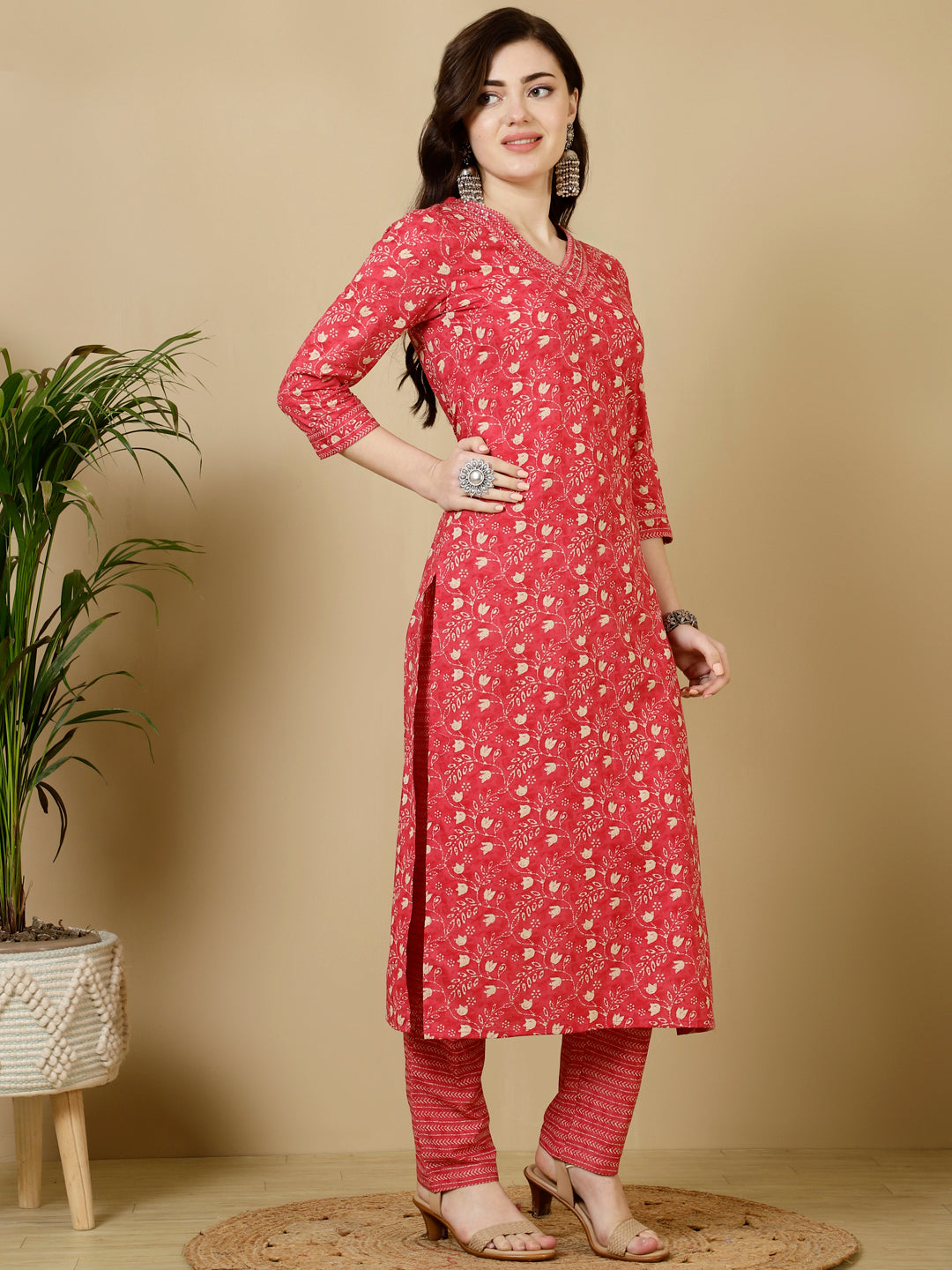 Calf Length Straight 3/4 Sleeves V Kurta Bottom Set (Preorder)