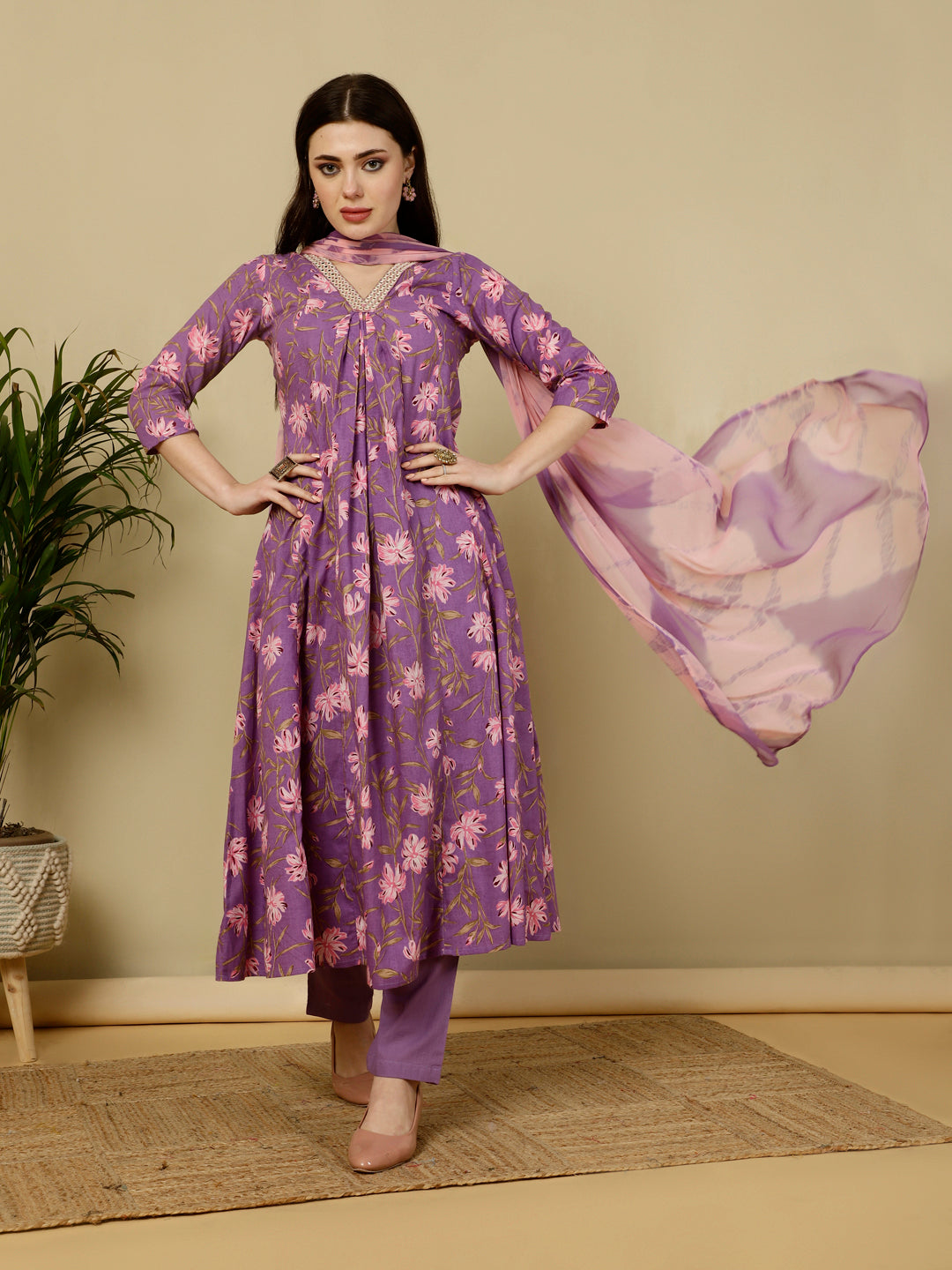Calf Length Semi-Flared 3/4 Sleeves V Kurta Bottom Dupatta Set