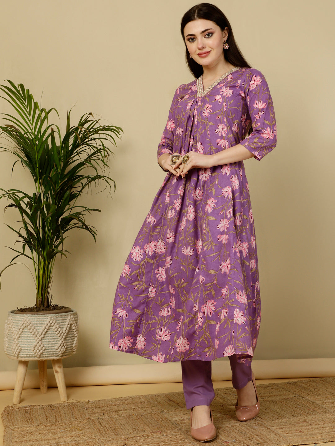 Calf Length Semi-Flared 3/4 Sleeves V Kurta Bottom Dupatta Set (Preorder)