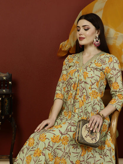 Calf Length Flared 3/4 Sleeves V Kurta Bottom Dupatta Set (Preorder)