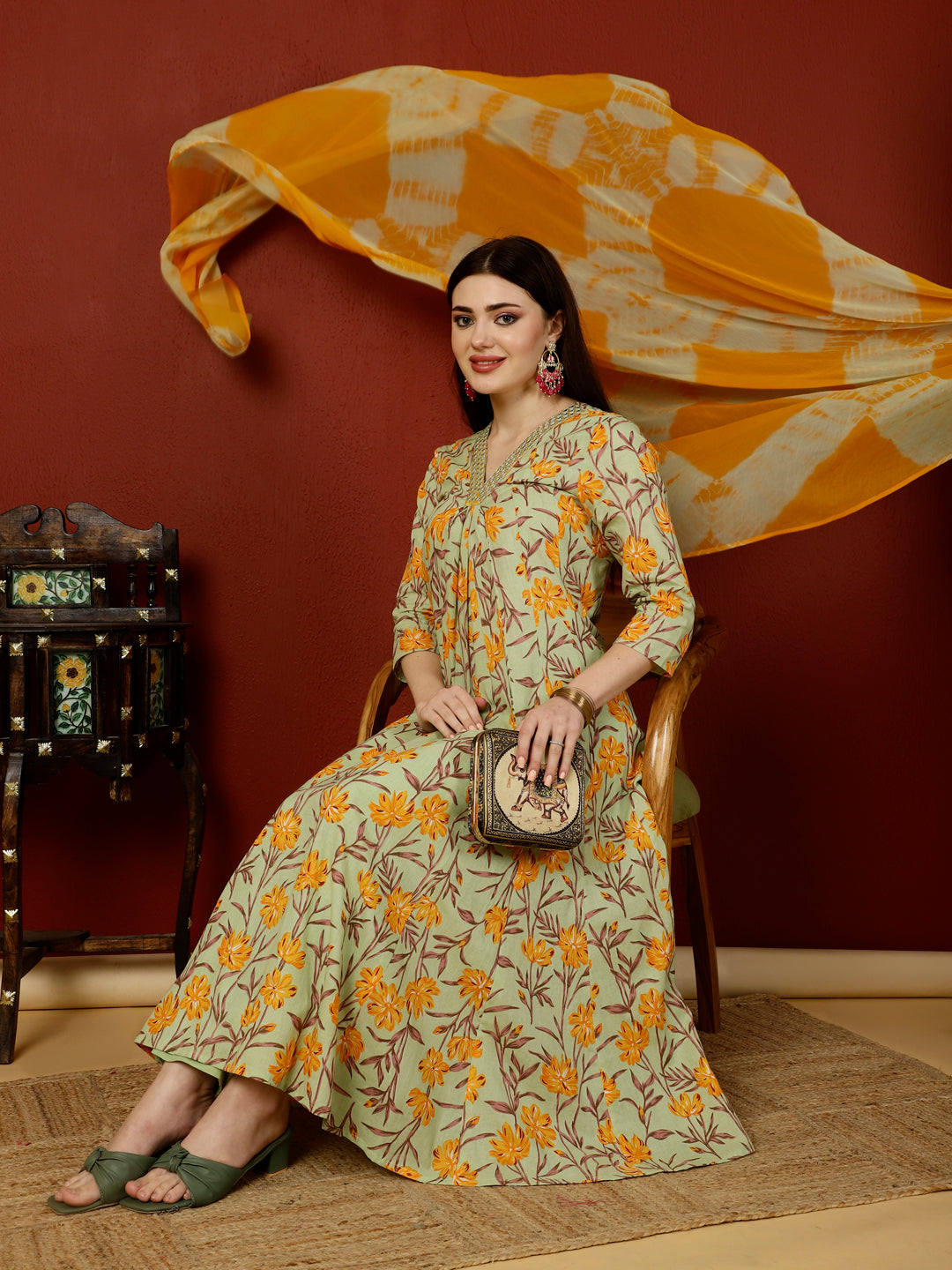 Calf Length Flared 3/4 Sleeves V Kurta Bottom Dupatta Set (Preorder)