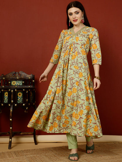 Calf Length Flared 3/4 Sleeves V Kurta Bottom Dupatta Set (Preorder)
