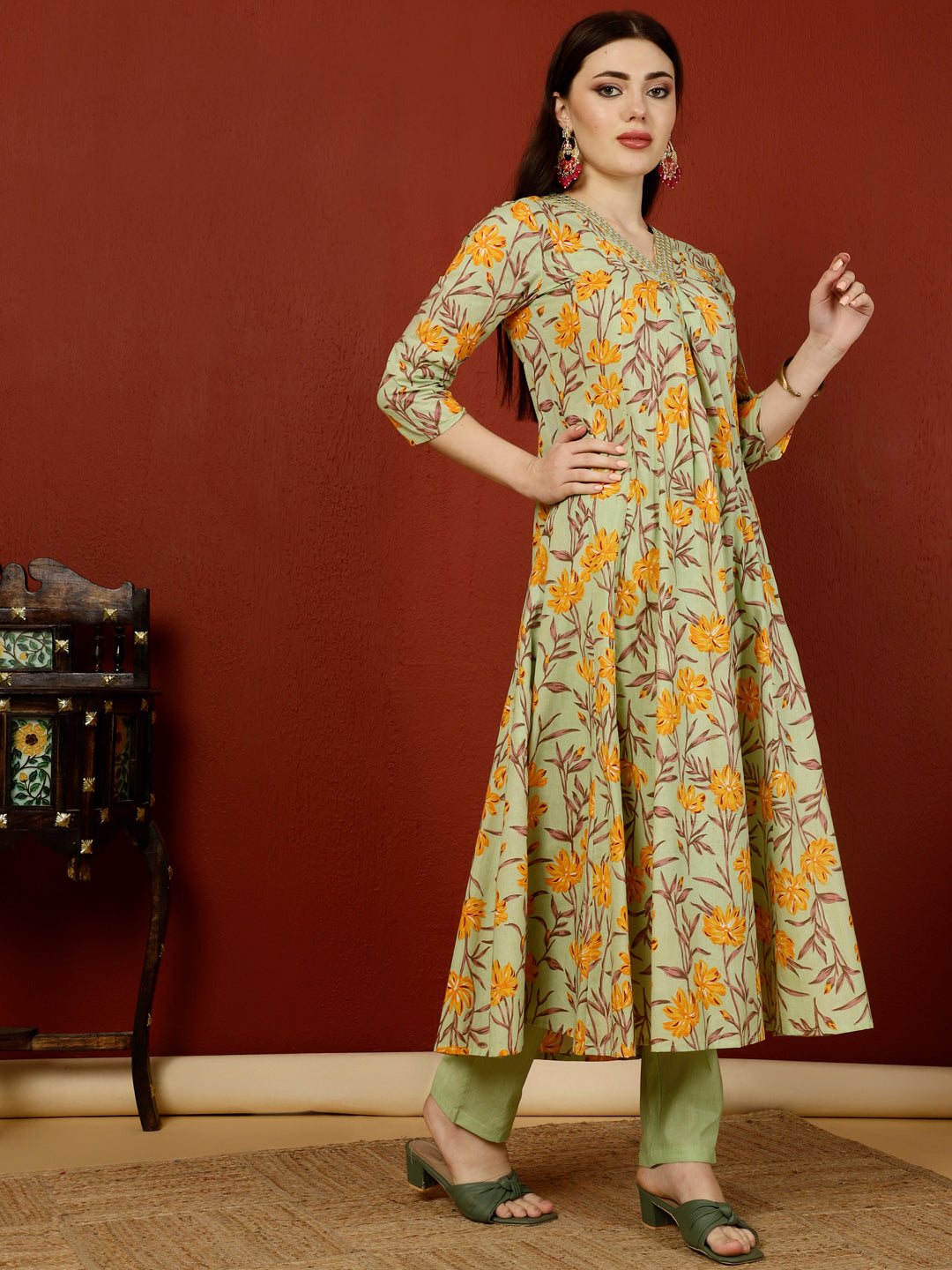 Calf Length Flared 3/4 Sleeves V Kurta Bottom Dupatta Set (Preorder)