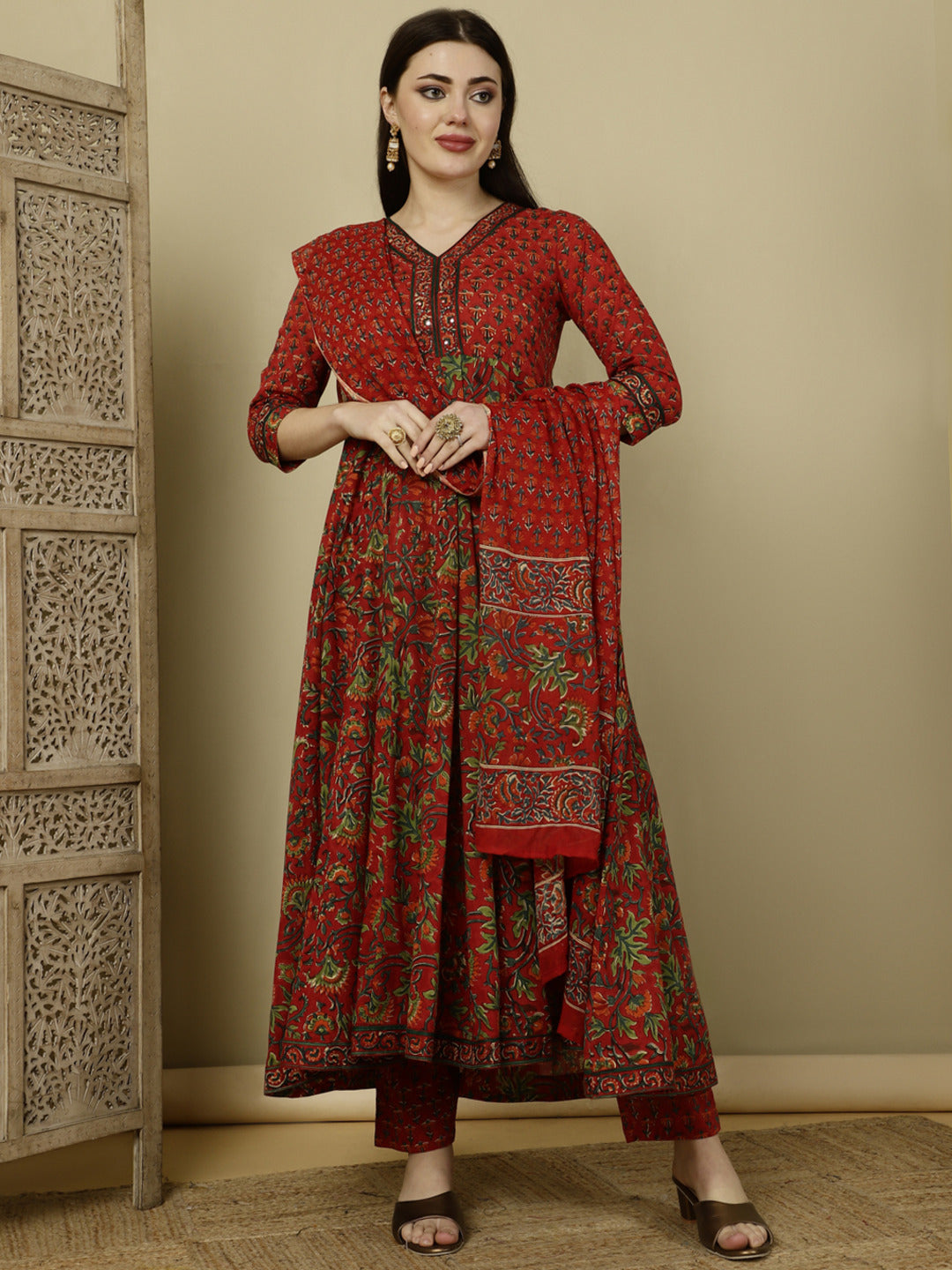 Calf Length Semi-Flared 3/4 Sleeves V Kurta Bottom Dupatta Set (Preorder)
