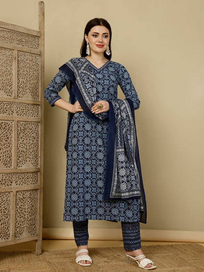 Calf Length Straight 3/4 Sleeves V Kurta Bottom Dupatta Set (Preorder)
