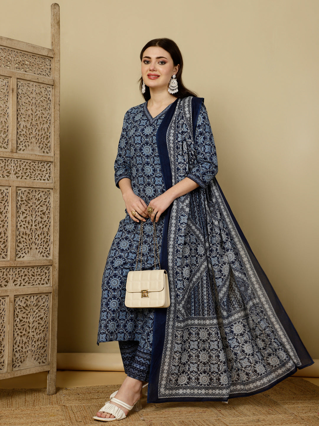 Calf Length Straight 3/4 Sleeves V Kurta Bottom Dupatta Set (Preorder)