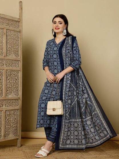 Calf Length Straight 3/4 Sleeves V Kurta Bottom Dupatta Set (Preorder)