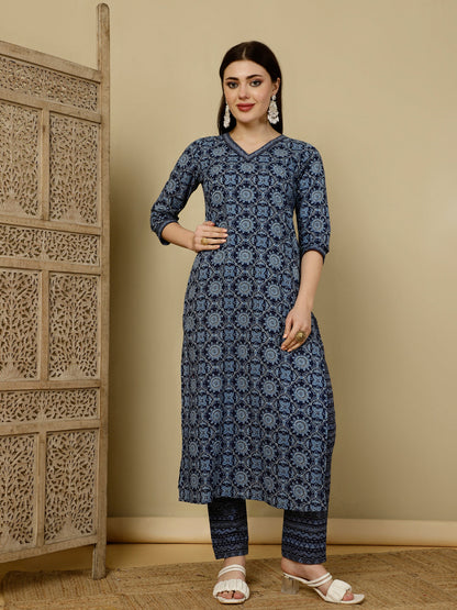 Calf Length Straight 3/4 Sleeves V Kurta Bottom Dupatta Set (Preorder)