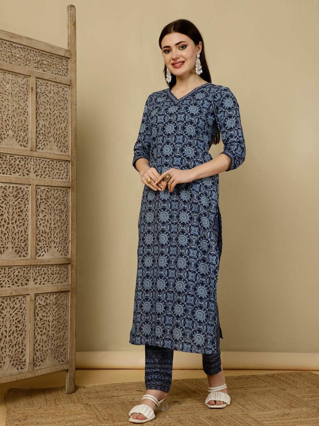 Calf Length Straight 3/4 Sleeves V Kurta Bottom Dupatta Set (Preorder)