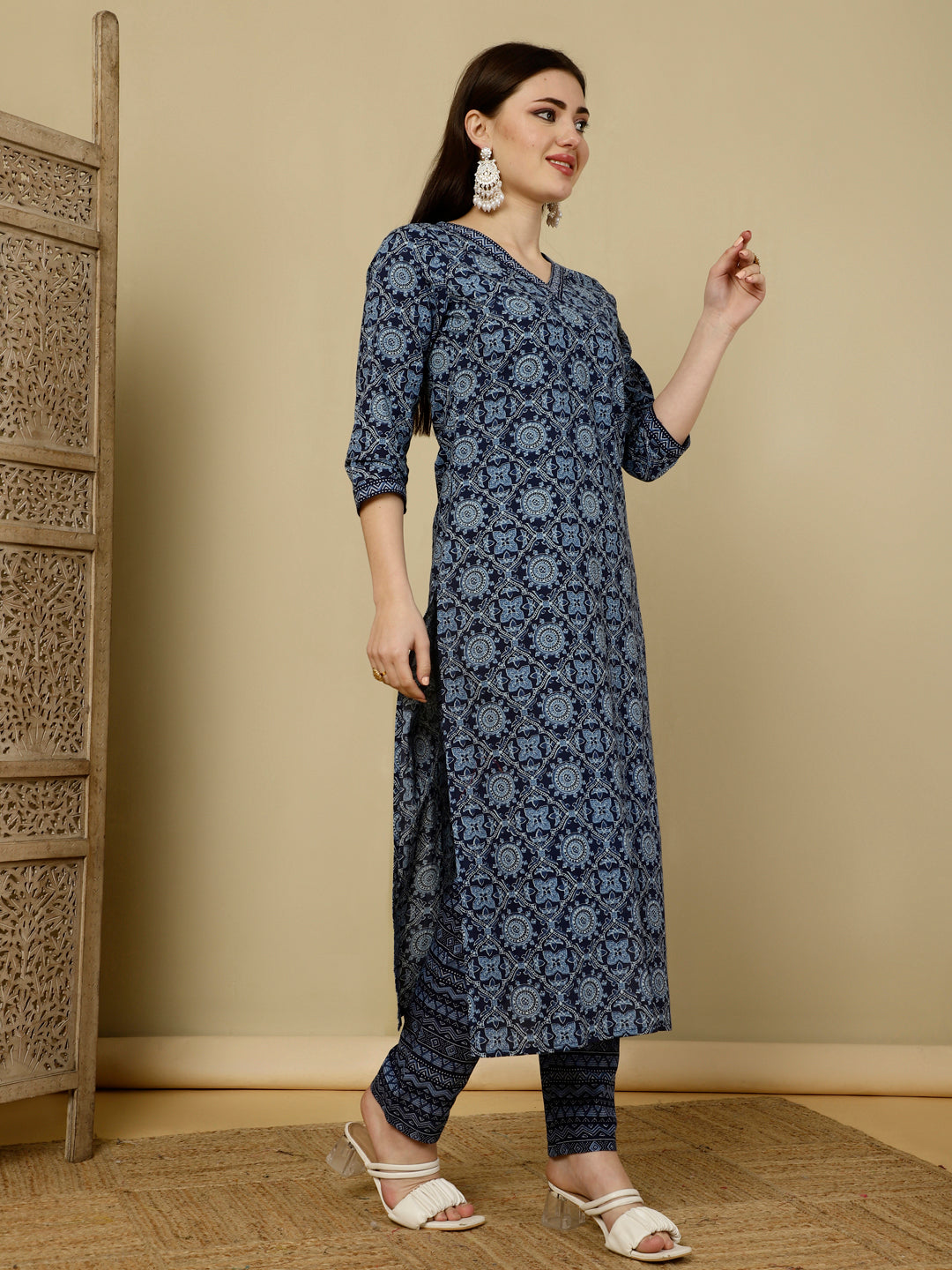 Calf Length Straight 3/4 Sleeves V Kurta Bottom Dupatta Set (Preorder)