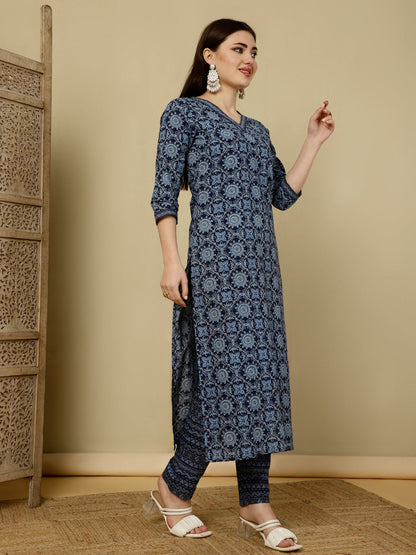 Calf Length Straight 3/4 Sleeves V Kurta Bottom Dupatta Set (Preorder)