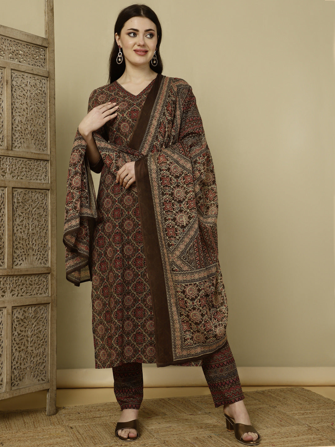 Calf Length Straight 3/4 Sleeves V Kurta Bottom Dupatta Set