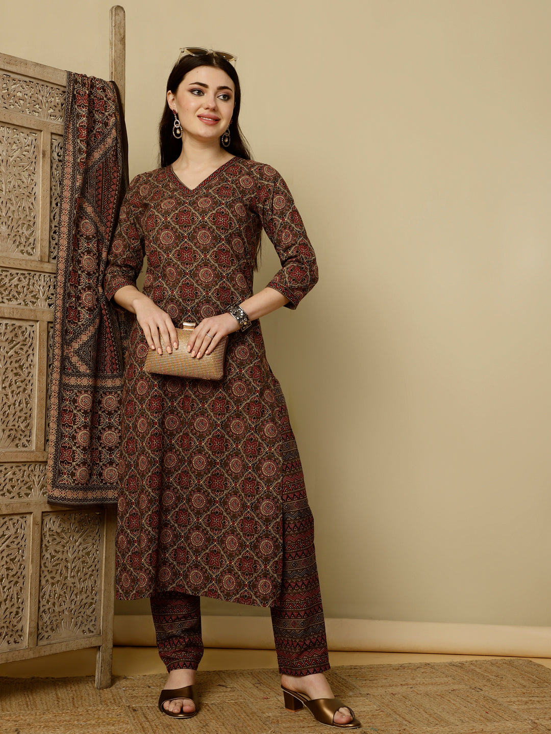 Calf Length Straight 3/4 Sleeves V Kurta Bottom Dupatta Set (Preorder)