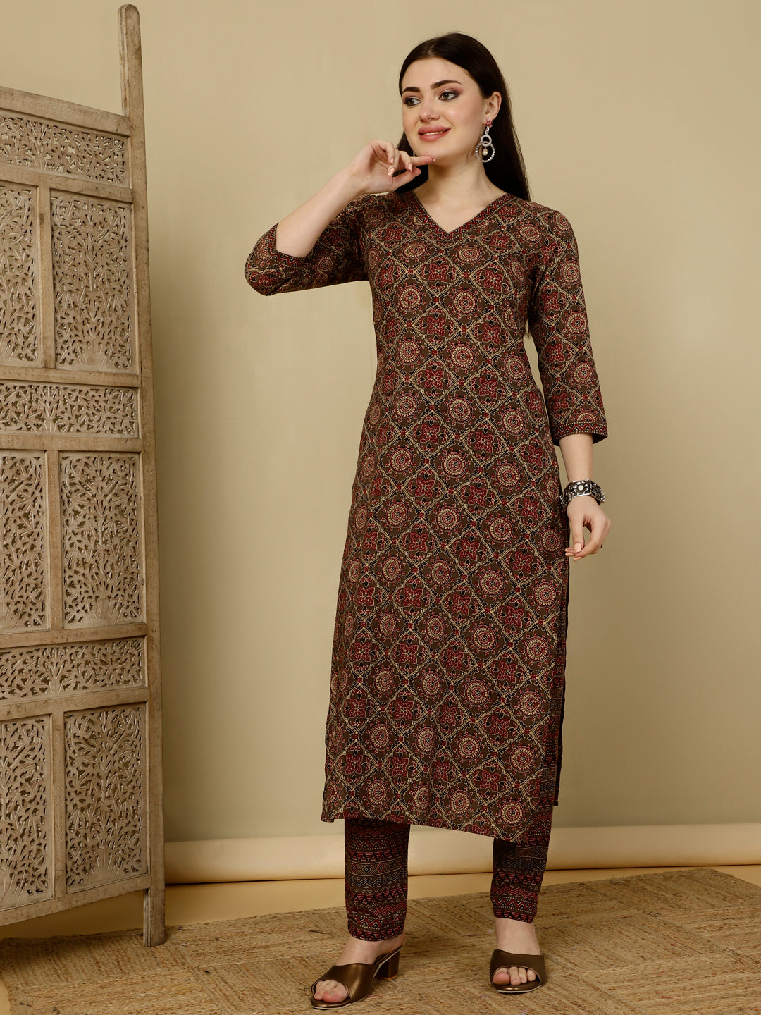 Calf Length Straight 3/4 Sleeves V Kurta Bottom Dupatta Set (Preorder)