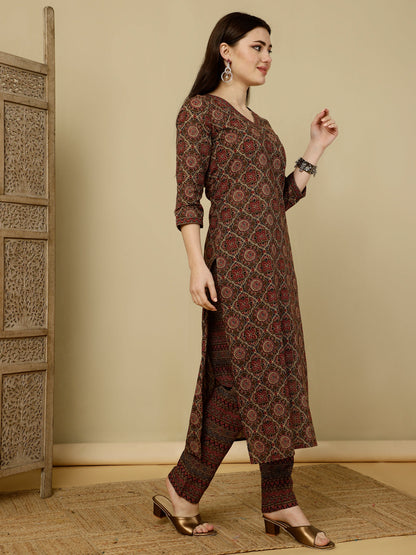 Calf Length Straight 3/4 Sleeves V Kurta Bottom Dupatta Set (Preorder)