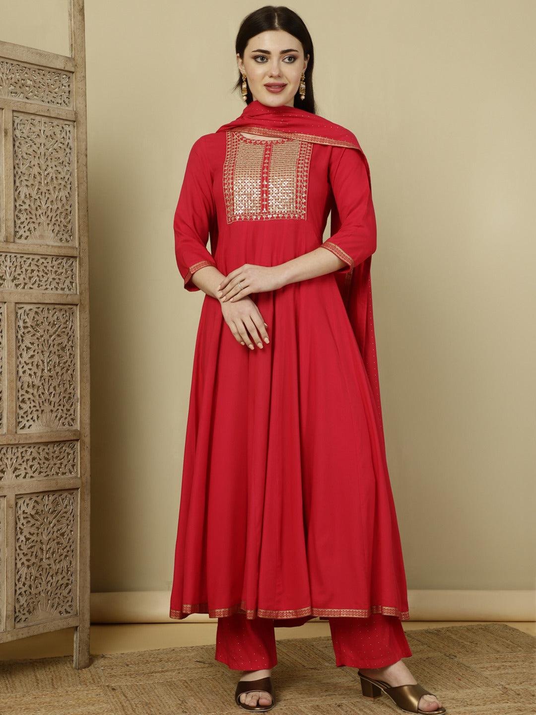 Calf Length Flared 3/4 Sleeves Round Kurta Bottom Dupatta Set