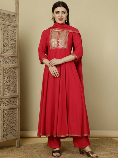 Calf Length Flared 3/4 Sleeves Round Kurta Bottom Dupatta Set (Preorder)