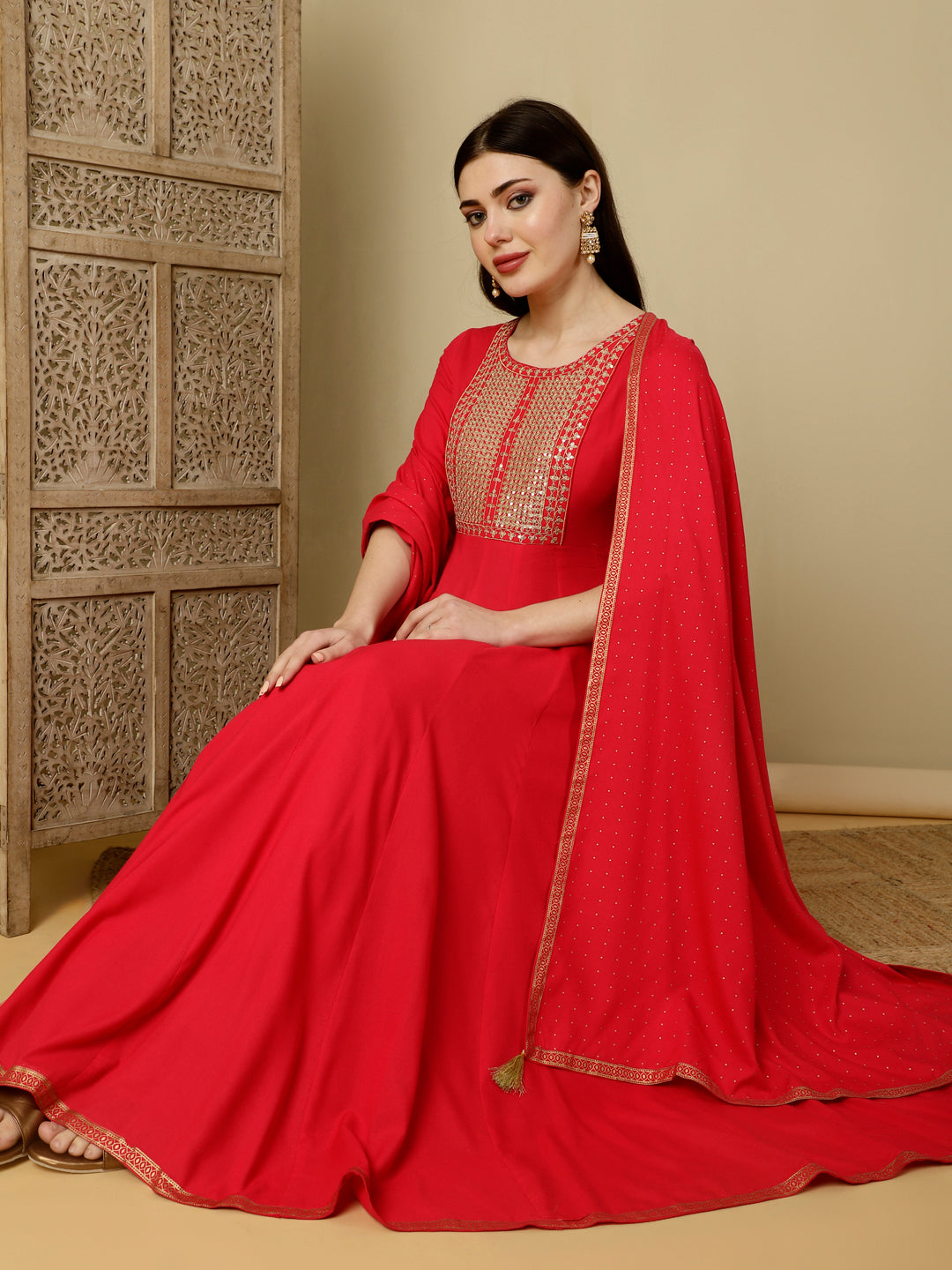 Calf Length Flared 3/4 Sleeves Round Kurta Bottom Dupatta Set