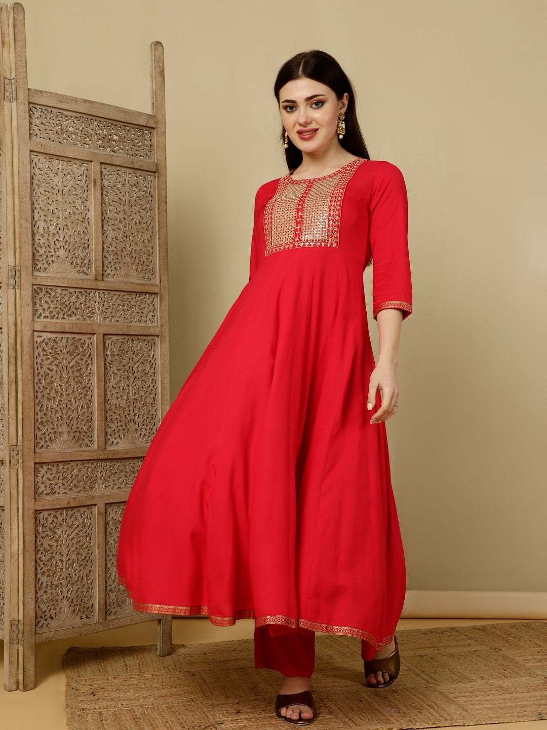 Calf Length Flared 3/4 Sleeves Round Kurta Bottom Dupatta Set