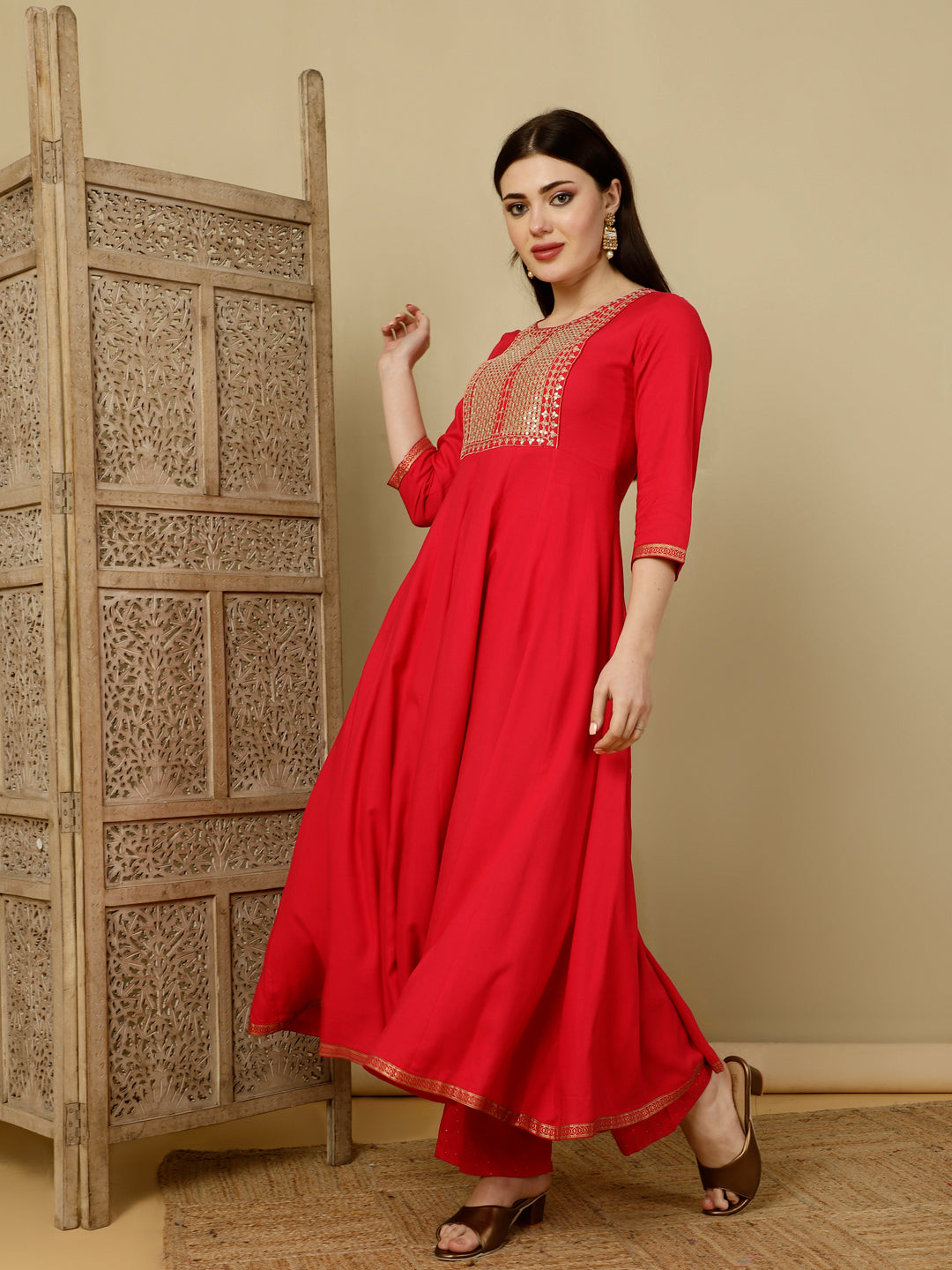 Calf Length Flared 3/4 Sleeves Round Kurta Bottom Dupatta Set (Preorder)