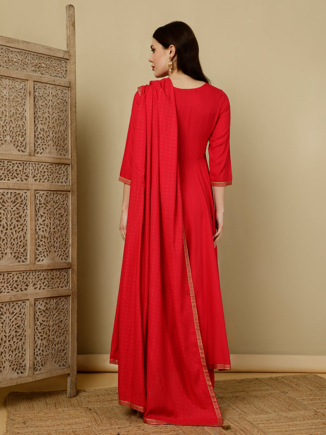 Calf Length Flared 3/4 Sleeves Round Kurta Bottom Dupatta Set