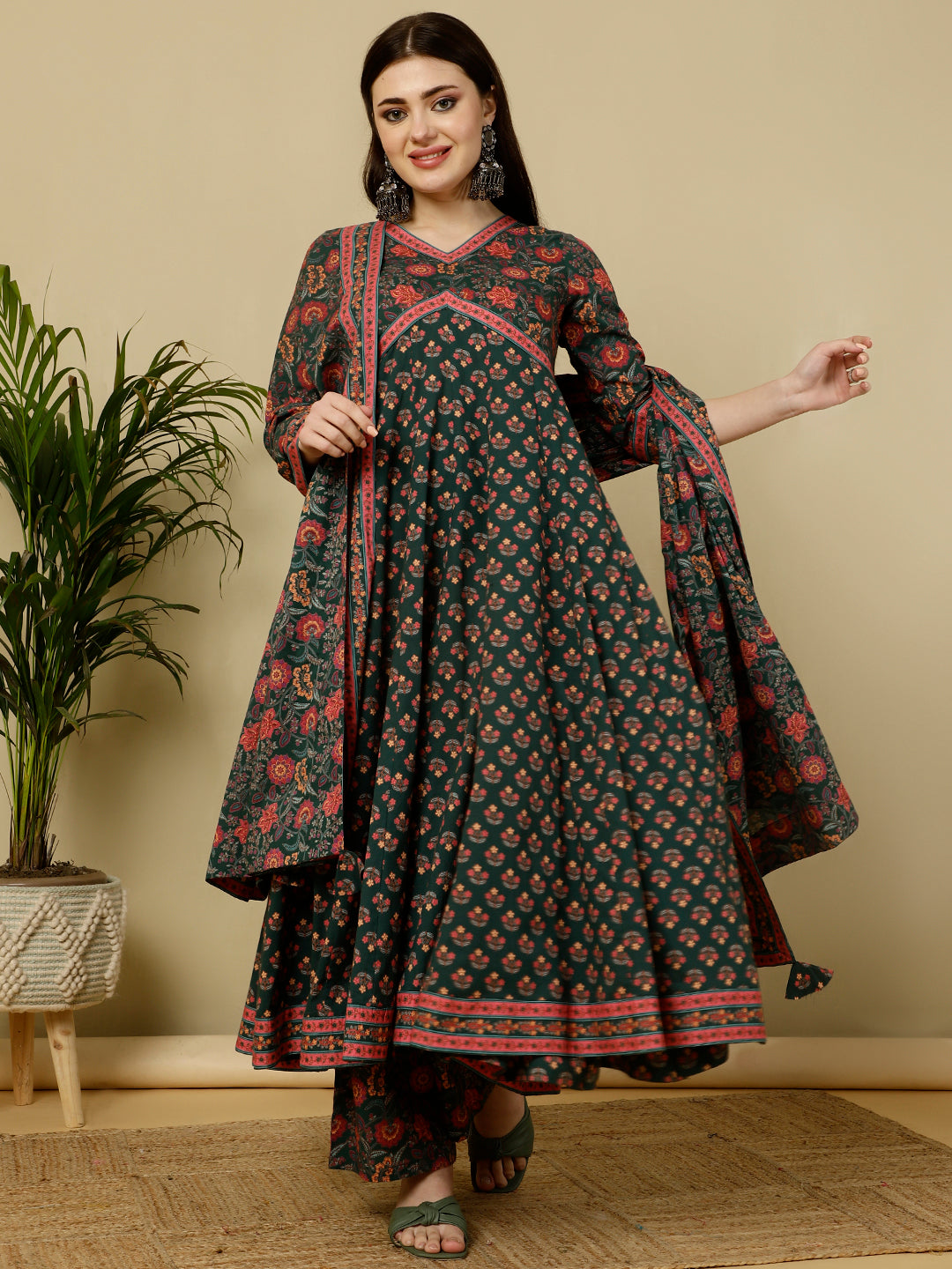 Calf Length Flared 3/4 Sleeves V Kurta Bottom Dupatta Set (Preorder)