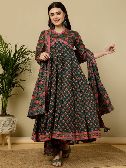 Calf Length Flared 3/4 Sleeves V Kurta Bottom Dupatta Set (Preorder)
