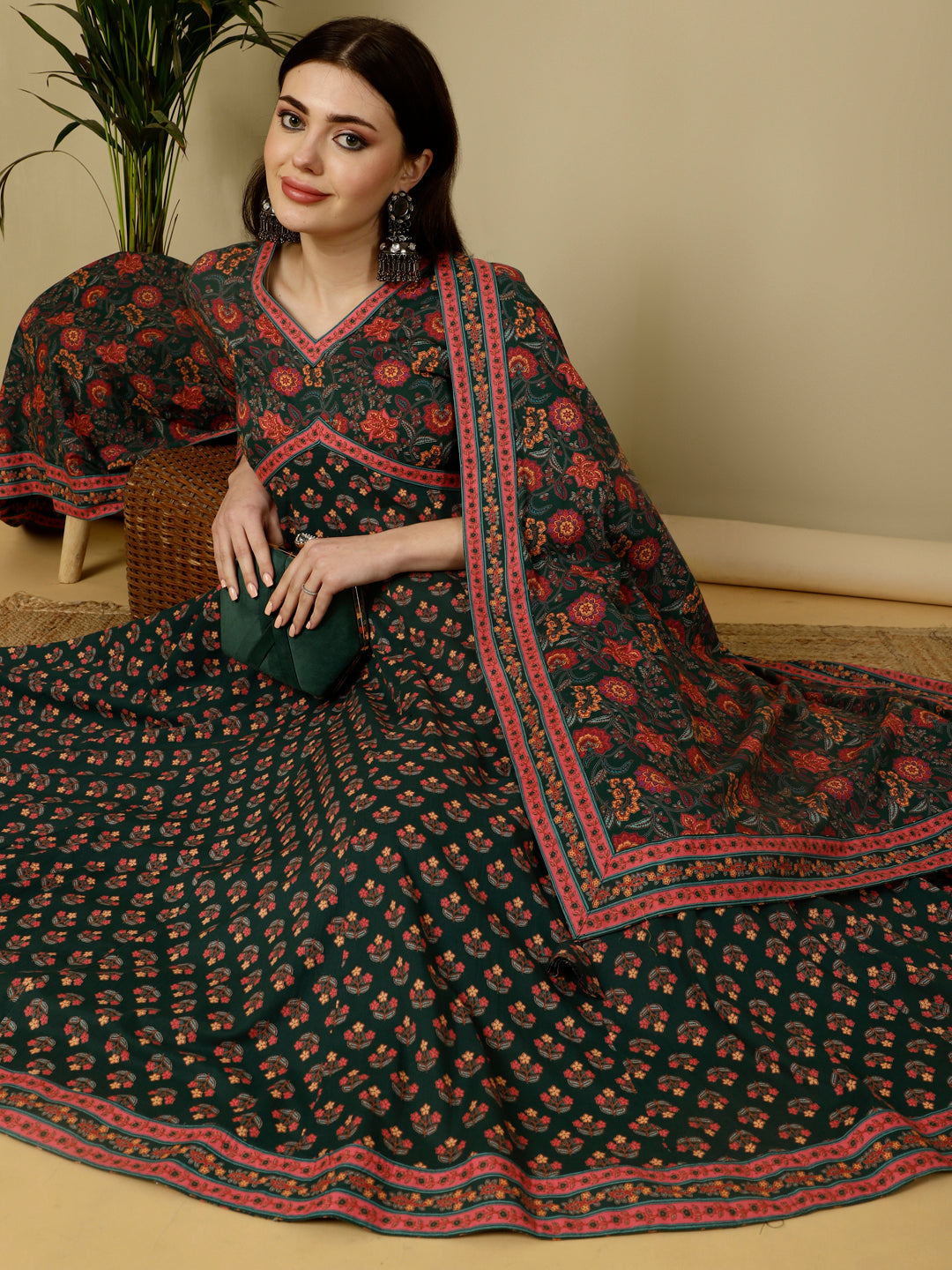 Calf Length Flared 3/4 Sleeves V Kurta Bottom Dupatta Set