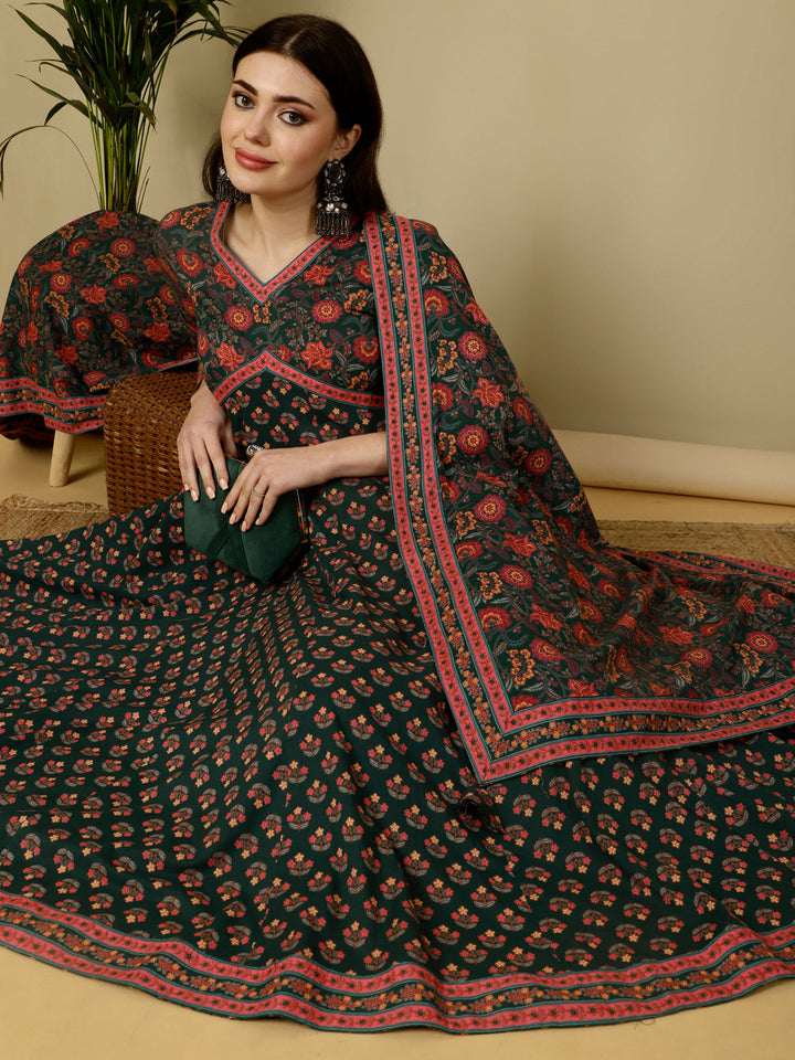 Calf Length Flared 3/4 Sleeves V Kurta Bottom Dupatta Set