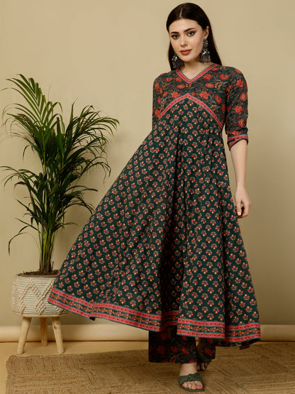Calf Length Flared 3/4 Sleeves V Kurta Bottom Dupatta Set (Preorder)