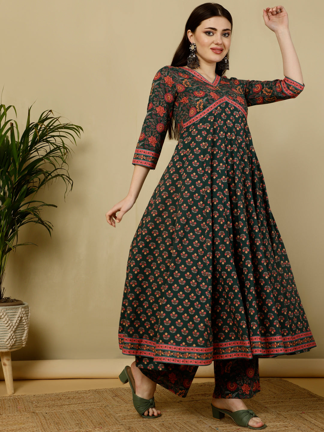 Calf Length Flared 3/4 Sleeves V Kurta Bottom Dupatta Set (Preorder)