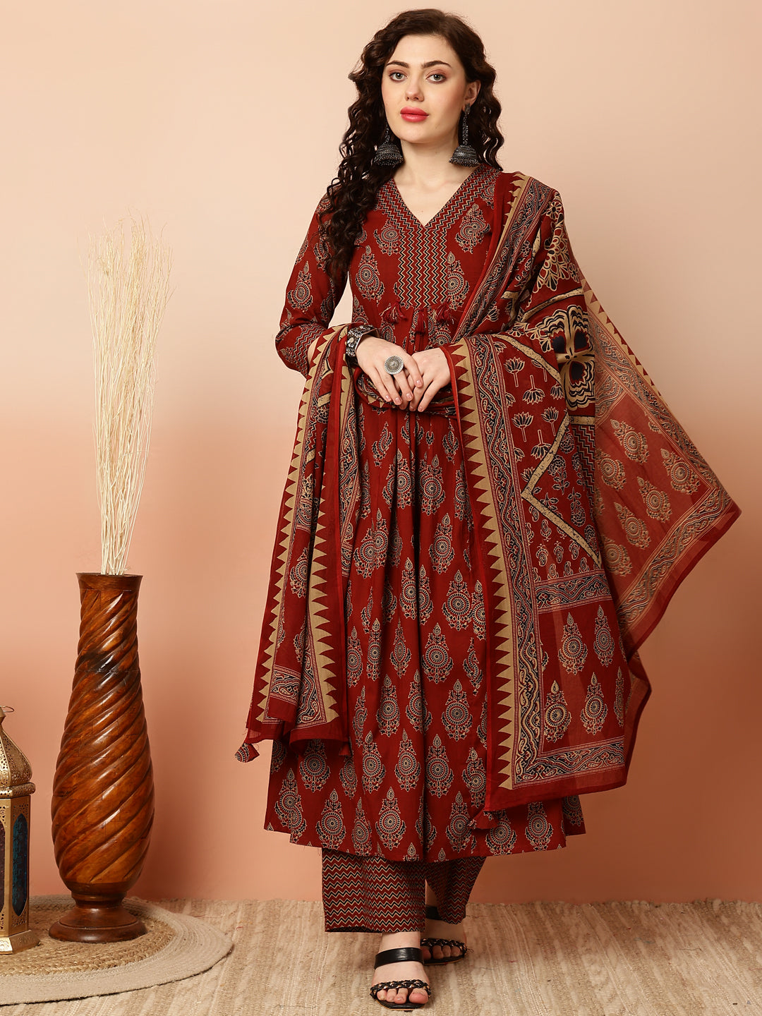 Calf Length Semi-Flared 3/4 Sleeves V Kurta Bottom Dupatta Set (Preorder)