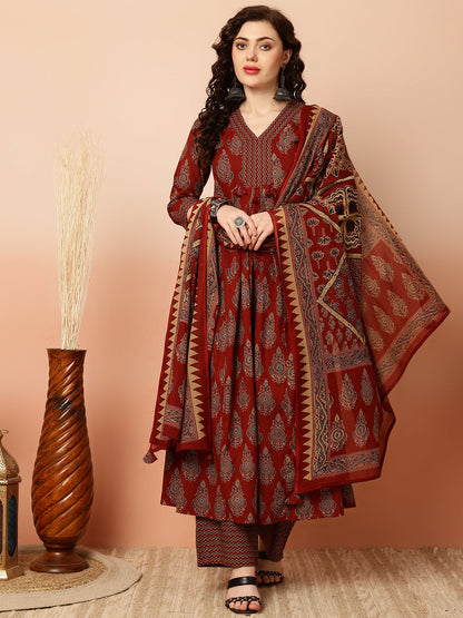Calf Length Semi-Flared 3/4 Sleeves V Kurta Bottom Dupatta Set (Preorder)