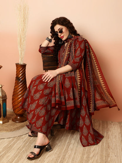 Calf Length Semi-Flared 3/4 Sleeves V Kurta Bottom Dupatta Set (Preorder)