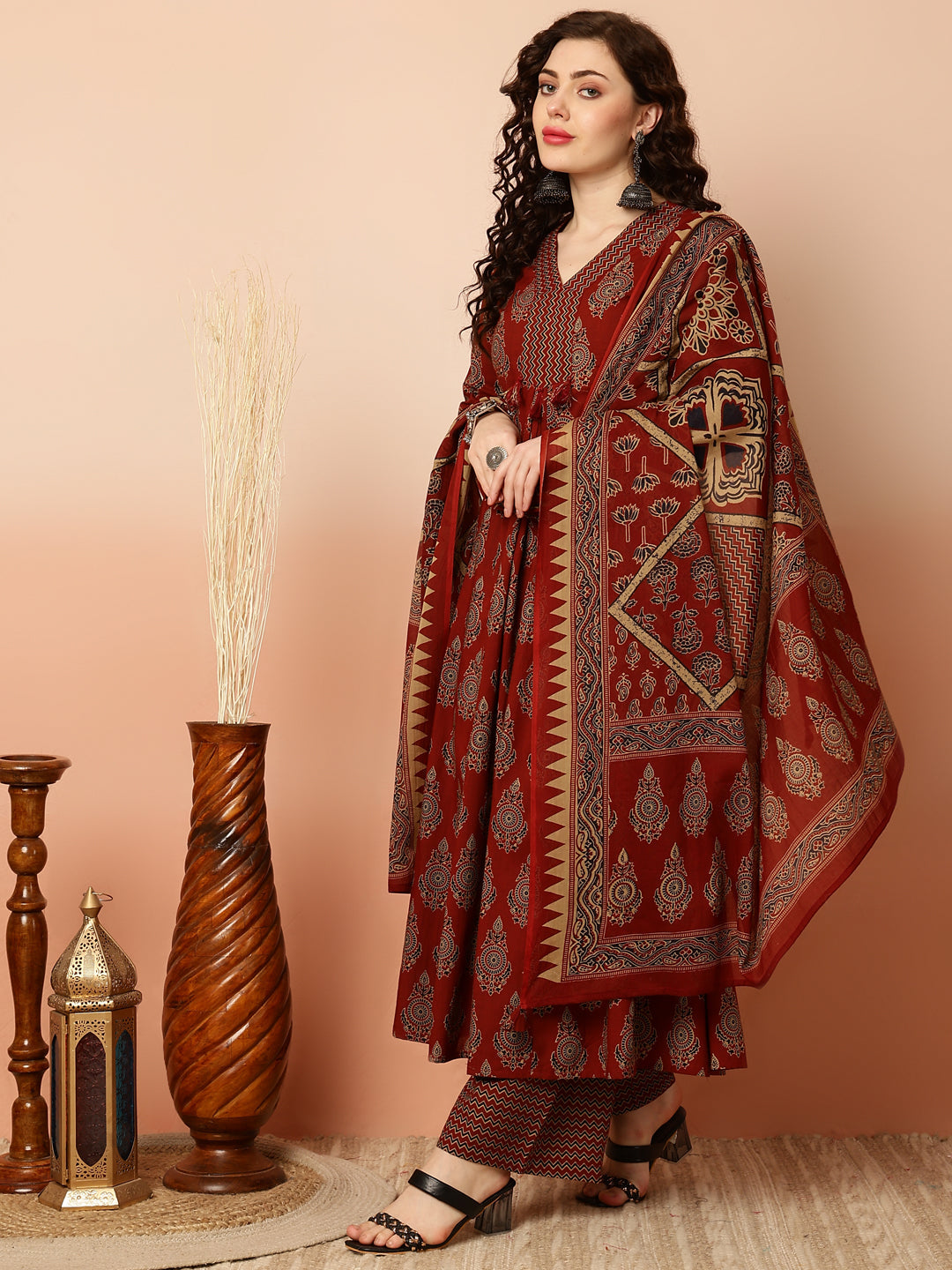 Calf Length Semi-Flared 3/4 Sleeves V Kurta Bottom Dupatta Set (Preorder)
