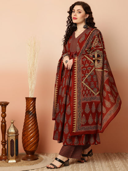 Calf Length Semi-Flared 3/4 Sleeves V Kurta Bottom Dupatta Set (Preorder)