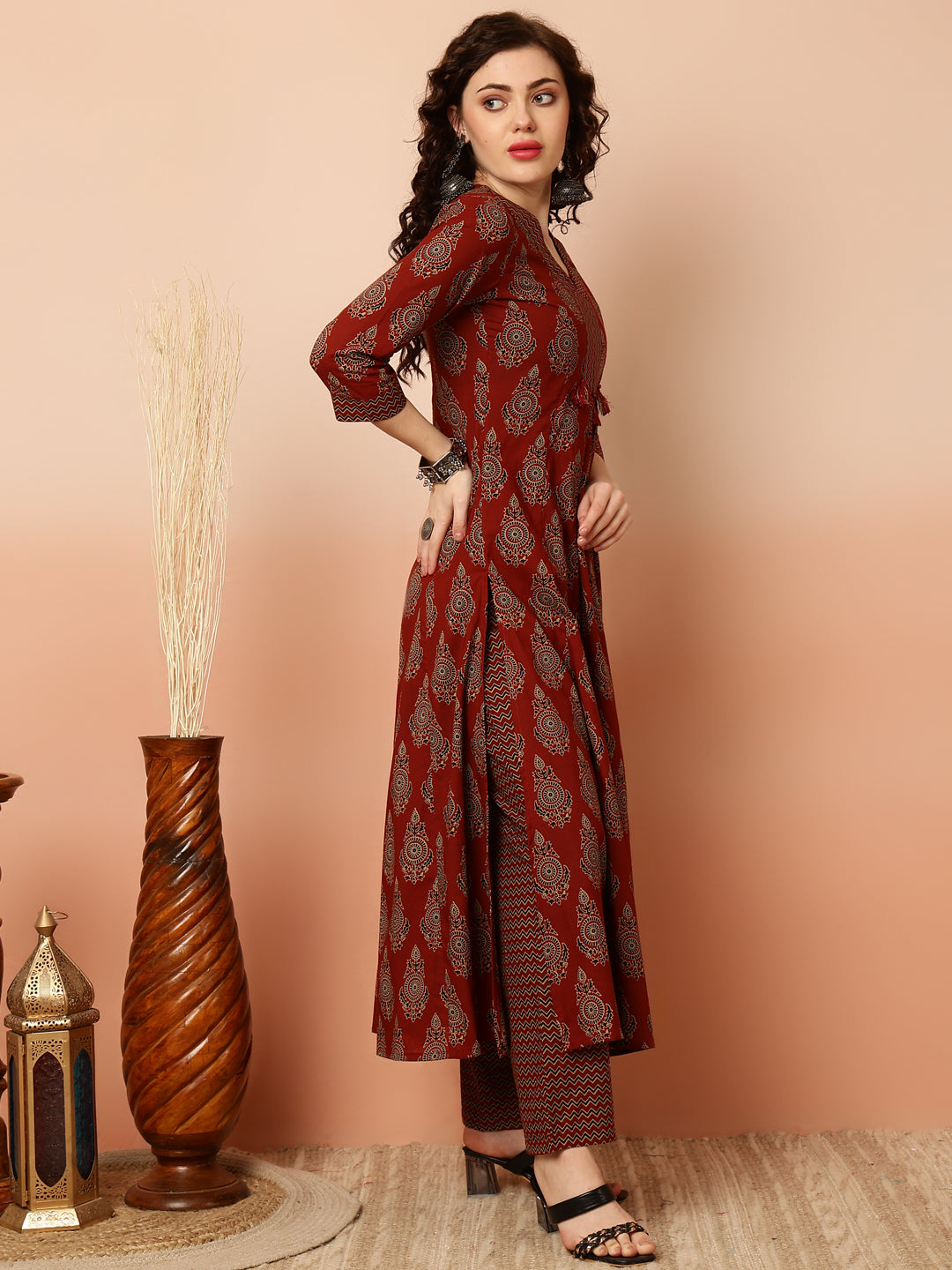 Calf Length Semi-Flared 3/4 Sleeves V Kurta Bottom Dupatta Set (Preorder)