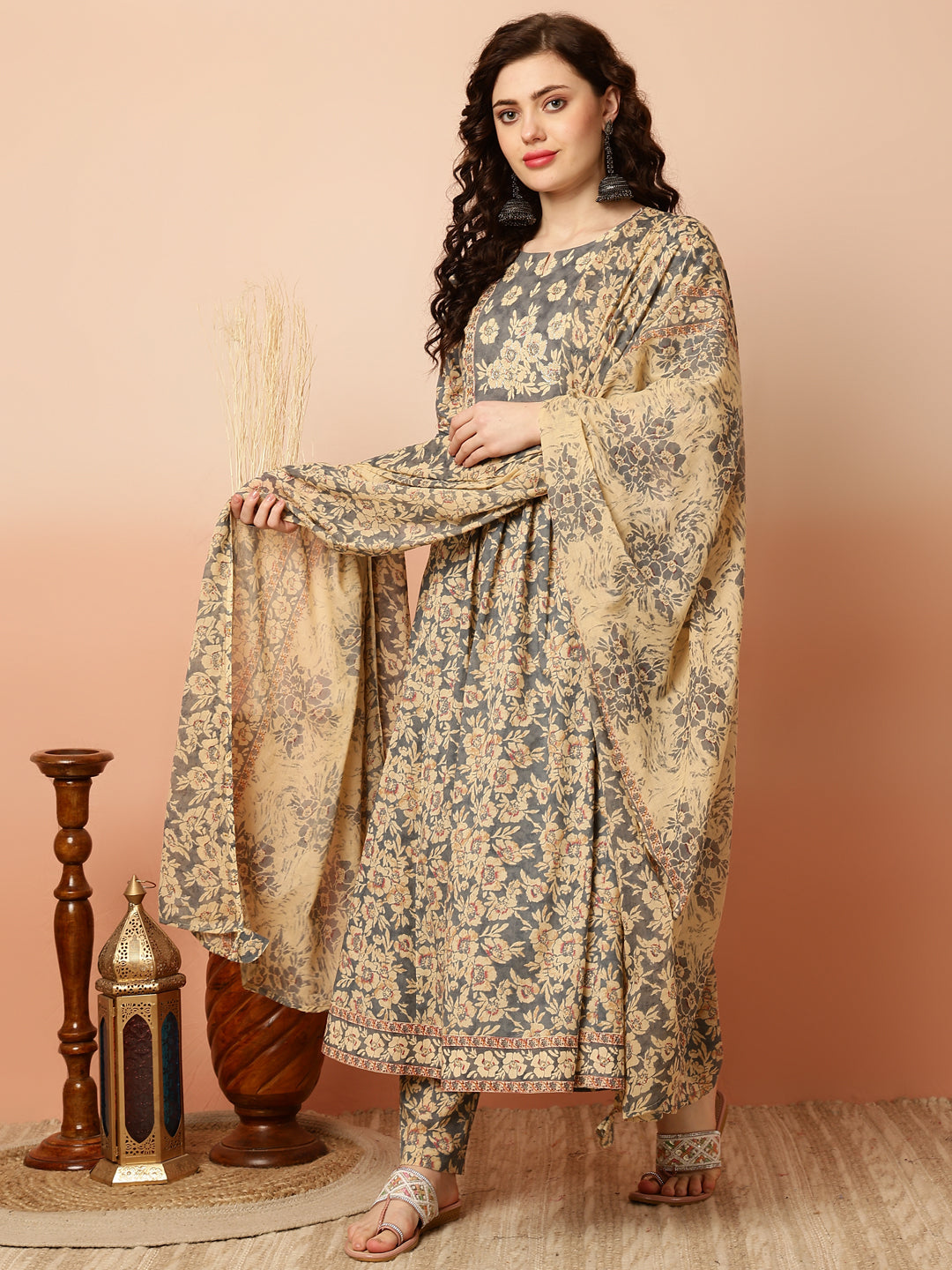 Calf Length Semi-Flared 3/4 Sleeves Round Kurta Bottom Dupatta Set (Preorder)