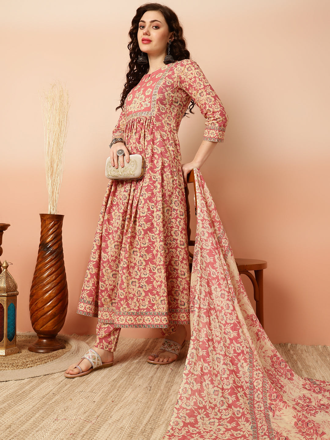 Calf Length Semi-Flared 3/4 Sleeves Round Kurta Bottom Dupatta Set