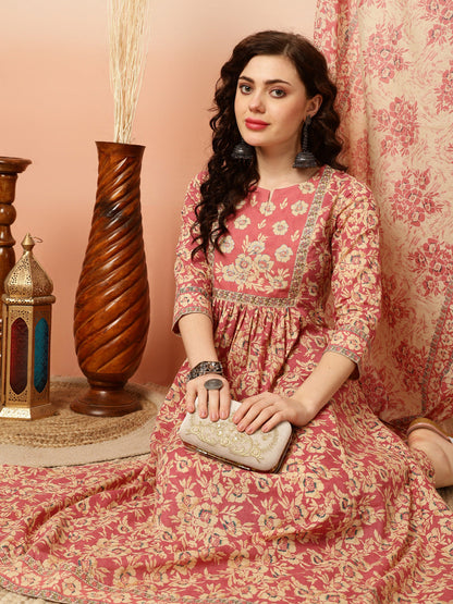 Calf Length Semi-Flared 3/4 Sleeves Round Kurta Bottom Dupatta Set