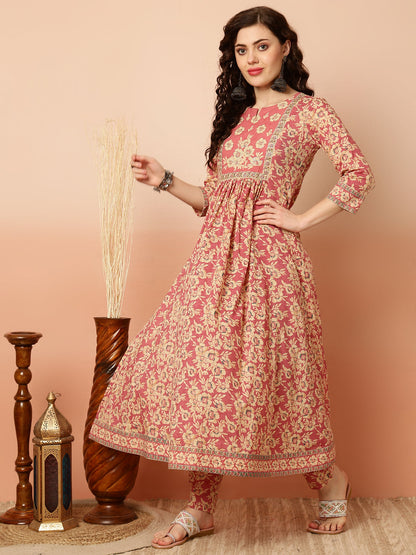 Calf Length Semi-Flared 3/4 Sleeves Round Kurta Bottom Dupatta Set (Preorder)