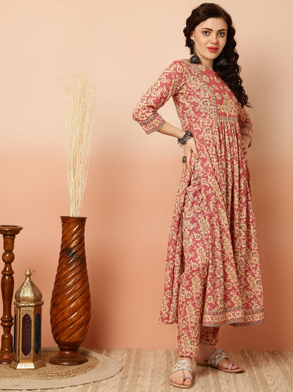 Calf Length Semi-Flared 3/4 Sleeves Round Kurta Bottom Dupatta Set (Preorder)