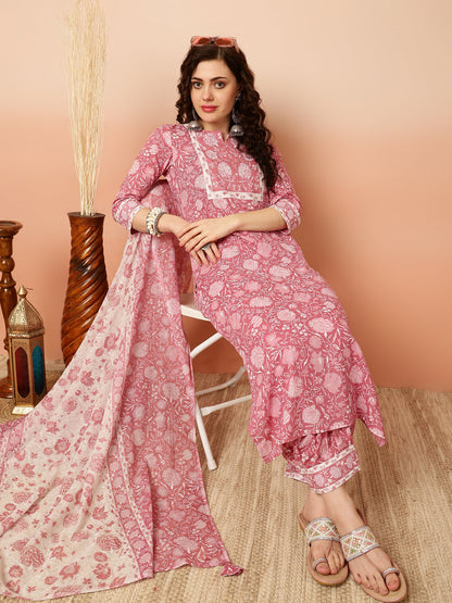 Calf Length Straight 3/4 Sleeves Round Kurta Bottom Dupatta Set