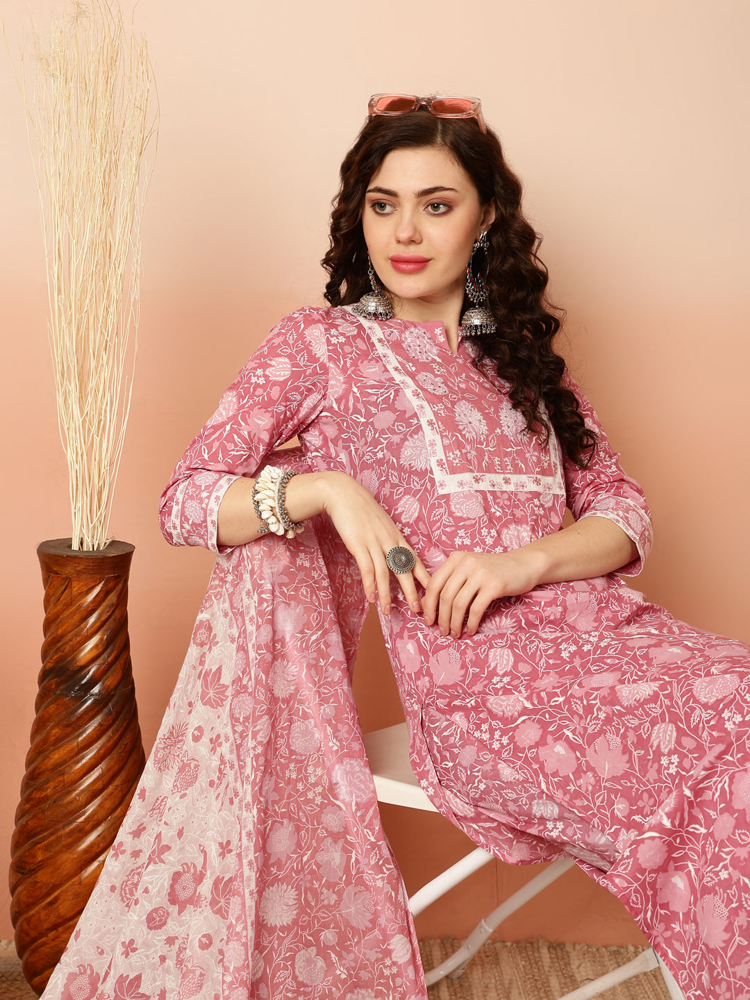 Calf Length Straight 3/4 Sleeves Round Kurta Bottom Dupatta Set