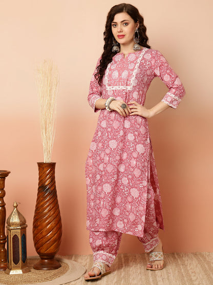 Calf Length Straight 3/4 Sleeves Round Kurta Bottom Dupatta Set