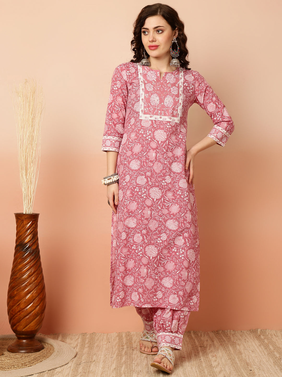 Calf Length Straight 3/4 Sleeves Round Kurta Bottom Dupatta Set (Preorder)