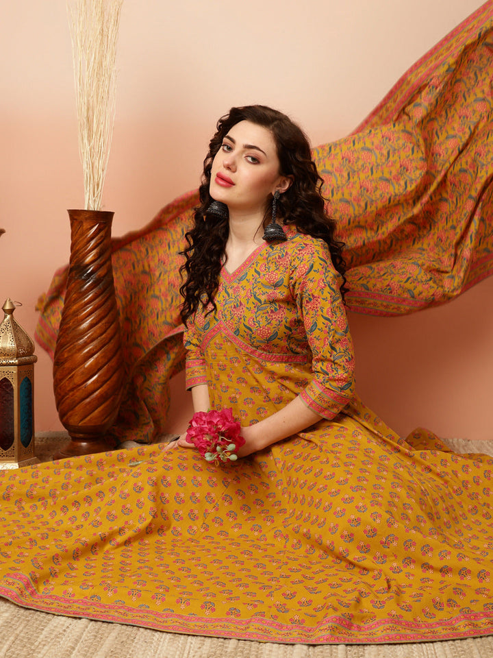 Calf Length Flared 3/4 Sleeves V Kurta Bottom Dupatta Set