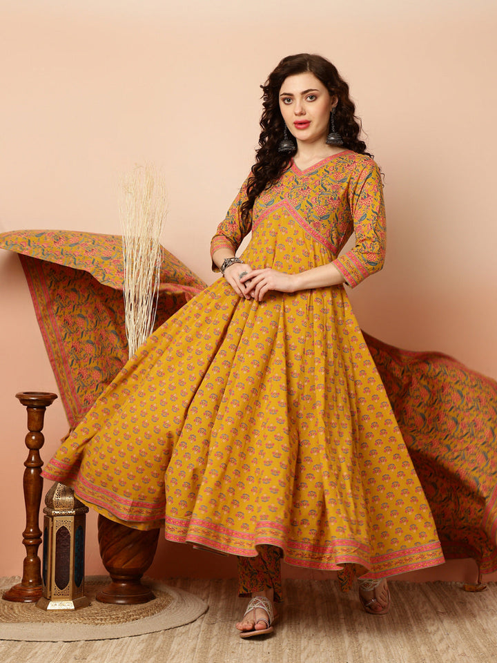Calf Length Flared 3/4 Sleeves V Kurta Bottom Dupatta Set